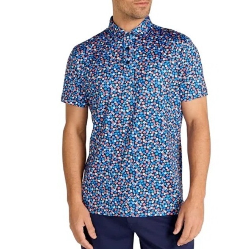 REDVANLY Marne Polo Midnight Navy Floral Performance Golf Shirt Men's Medium NWT